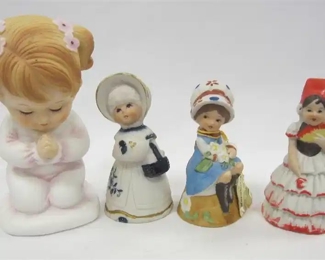 EFTON GIRL LAMP FIGURE AND 3 JASCO BELLS. ONE MISSING THE CHIME