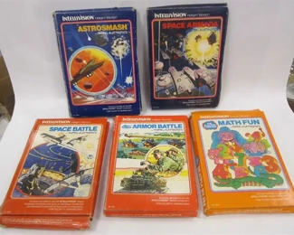 INTELLIVISION GAMES. 1980'S BOXES WORN: SPACE ARMADA, ASTROSMASH, MATH FUN, ARMOR BATTLE, SPACE BATTLE