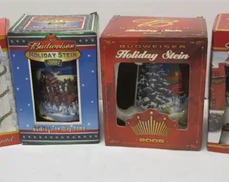 FOUR BUDWEISER HOLIDAY STEINS WITH BOXES. 2001 HOLIDAY AT THE CAPITOL, 2002 GUIDING THE WAY, 2005, AND 2006 SUNSET AT THE STABLE
