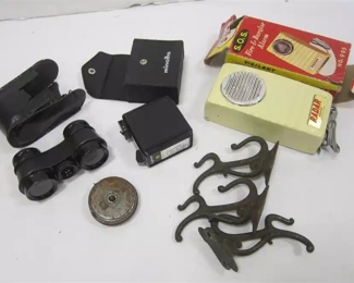 ASSORTED: SET OF CAST IRON HOOKS WITH COPPER PLATED, RADAR BRAND BUZZER MADE IN HONG KONG, TAPE MEASURE, MINOLTS ELECTRO-FLASH3, SMALL FIELD GLASSES
