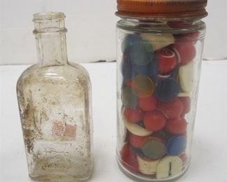THE OWL DRUG CO MEDICINE BOTTLE AND JAR OF BINGO PIECES