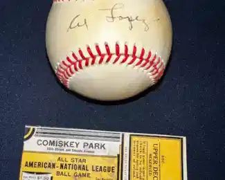 Comiskey all star ticket and twice autographed ball