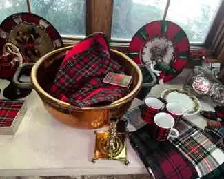 Copper bowl and plaid kindling holder