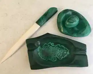 Malachite ashtray, letter opener, egg, trinket dish
