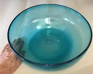 Large hand-made blue glass serving bowl