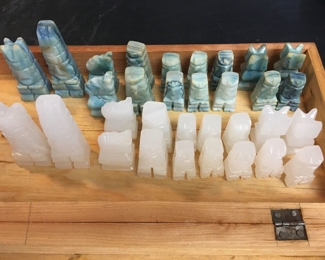 Carved marble chess set in case