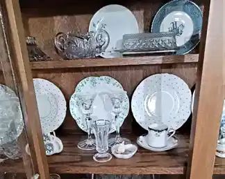 Shelly plates  Iris and Herringbone Depression glass  (Jeanette I believe)