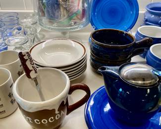 Trifle bowl, misc plates and mugs