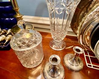 Sterling candlesticks and crystal accessories