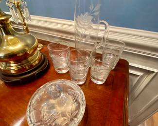 Crystal and etched glassware beverage set