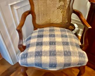 Kindel Dining table upholstered arm chair (2) rattan backs