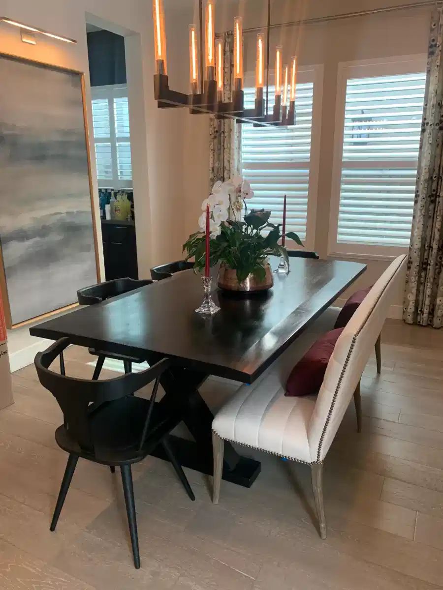 Large Contemporary Style Dining Room Set with Solid Wood Table, 4 matching chairs, and double bench with two throw pillows.
Solid wood table and chairs, stained black.
Bench is cream colored linen, soft and comfortable.
Throw pillows are a deep red and very plush.
The table is very large and solid wood. It's heavy, you will need a moving van, long bed truck, or large vehicle to travel with.
Table dimensions: L89.75xW44.25 (~7.5ft long, ~3.5+ft wide)
Bench Dimensions:
L70xH35.5xW~22 (~6ft long, ~3ft tall, ~2 feet deep)
-----
Would prefer to sell this as a set, however we have had people express interest in individual pieces as well.
4 Chairs: $150 (must take all 4)
Bench w/ pillows: $250
Table: $250
Whole Set: $500
Flowers and candles not included.