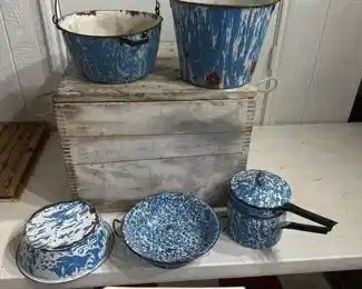 old wooden chest with blue and white graniteware spongeware, old antique, double boiler more