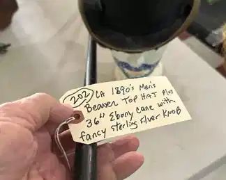 Antique Dallas Tx beaver top hat plus ebony walking cane with fancy sterling silver knob. 