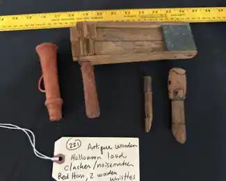 Loud old primitive noisemaker, old horn, 2 whistles