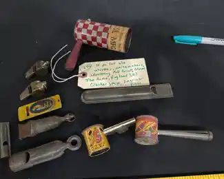 old advertising whistles and more.  Poll Parrot shoes. 