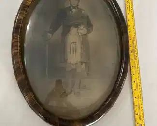 Antique convex glass burl frame with photo of scottish man in kilt, identified on the back as Grampa Sillers. 