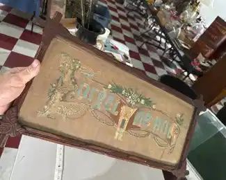 Forget Me Not embroidery sampler in period victorian oak leaf frame