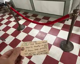 old movie theatre divider, red felt, brass posts. 