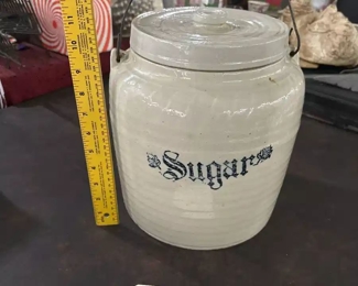 antique sugar crock with cobalt lettering, large.  probably red wing