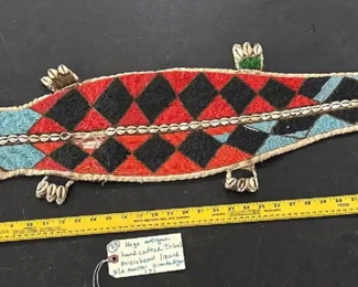 huge 4 ft long hand crafted microbead lizard, native american maybe, trade cloth on back.  tribal