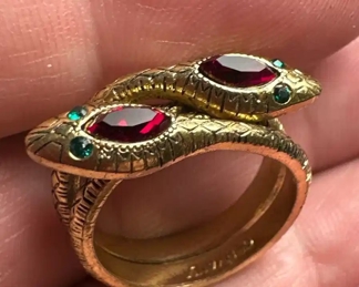 2 headed snake jeweled ring marked German, gold tone