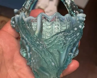 driftwood and seashells antique art glass wall pocket, ice blue opalescent