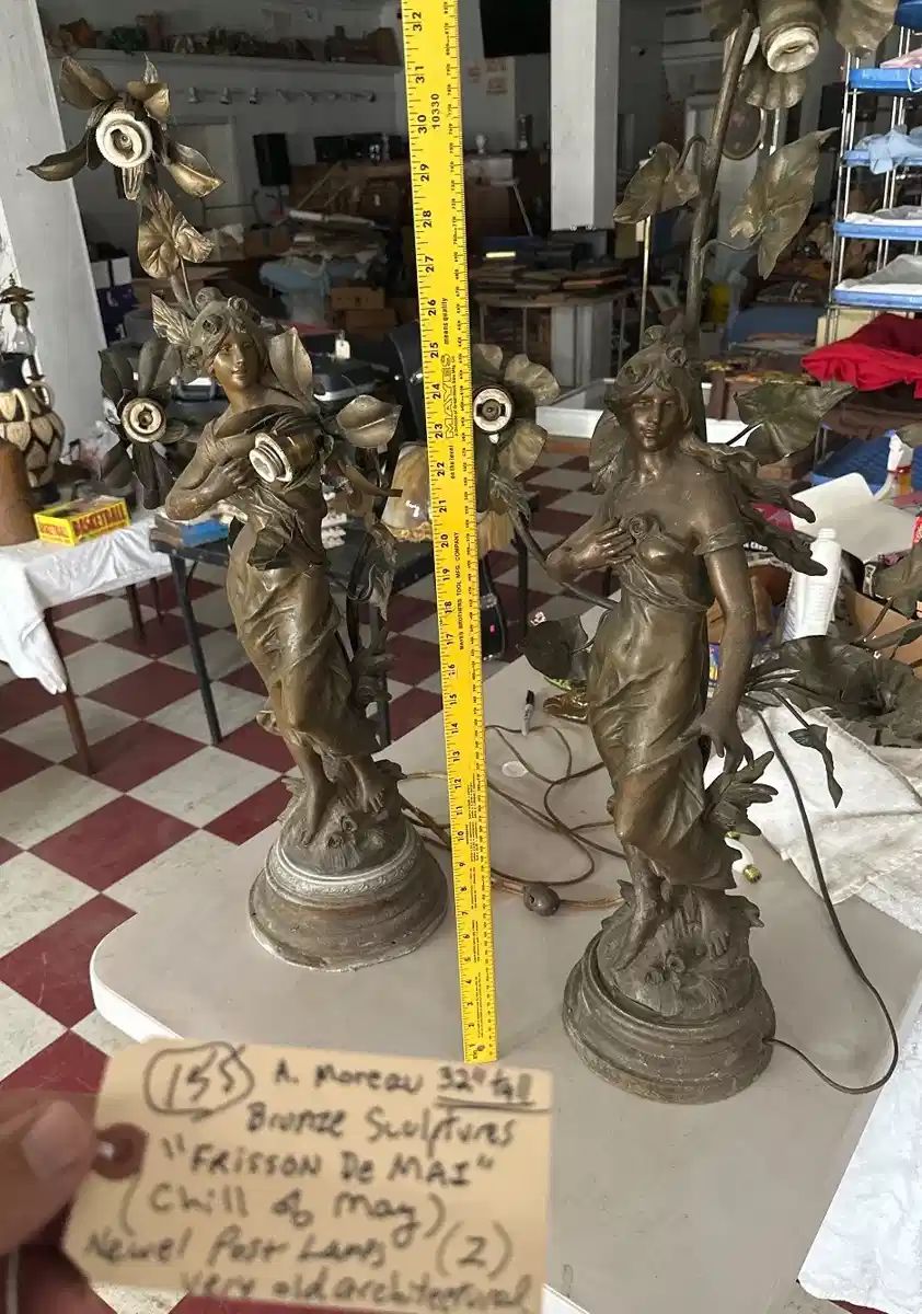 A Moreau french bronze spelter sculptures lamps