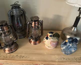 Some great lanterns and the STUNNING Antique Coleman Quick-Lite Table Lamp with Milk Glass Shade!