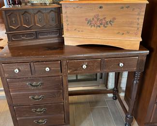 A great old solid wood student desk! Porcelain pulls! 