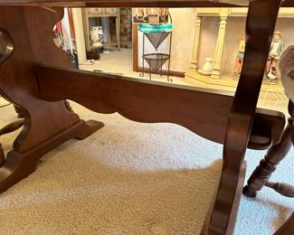 The dining room table is SOLID MAPLE and was produced bye E.R. BOCK! It comes with table leaves and four solid maple chairs! All the pieces are in near mint condition! The stain is called "SPICE"