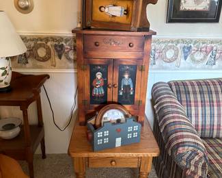 Lovely creative wood design Amish made pieces! Here are just two of the pieces we have! Small floor Cabinet and a Spice Box. Also just one of the beautiful solid oak end tables! 