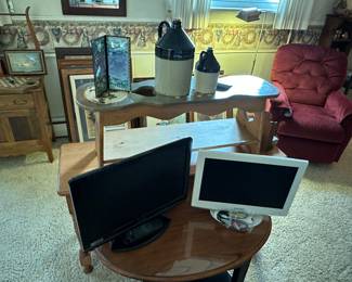Two small flat screen TV's with remotes! Also a hand painted Amish bench with a couple of Vintage Antique Stoneware Jugs! 