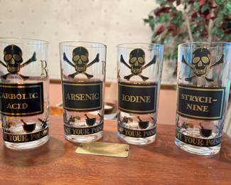 Set of EIGHT SUPERB Vintage MCM Briard Name Your Poison Highball Glasses ~  Skull Crossbones ~ 