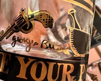 Set of EIGHT SUPERB Vintage MCM Briard Name Your Poison Highball Glasses ~  Skull Crossbones ~ SIGNED!