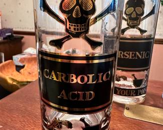 Set of EIGHT SUPERB Vintage MCM Briard Name Your Poison Highball Glasses ~  Skull Crossbones  ~ CARBOLIC ACID!