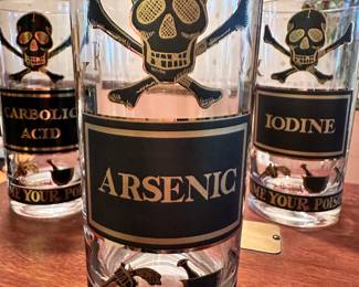 Set of EIGHT SUPERB Vintage MCM Briard Name Your Poison Highball Glasses ~  Skull Crossbones ~ ARSENIC