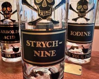 Set of EIGHT SUPERB Vintage MCM Briard Name Your Poison Highball Glasses ~  Skull Crossbones ~ STRYCH-NINE