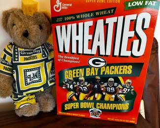 Green Bay Packers Collectibles! The UNOPENED Box of Super Bowl Championship Wheaties! Stuffed bear with CHEESE HEAD HAT! 