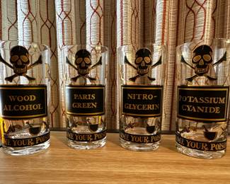 Set of EIGHT SUPERB Vintage MCM Briard Name Your Poison Highball Glasses ~  Skull Crossbones ~ 