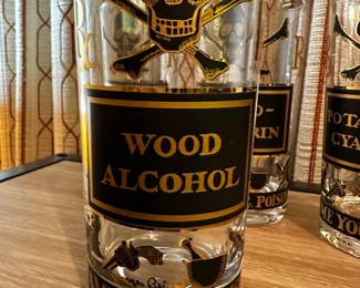 Set of EIGHT SUPERB Vintage MCM Briard Name Your Poison Highball Glasses ~  Skull Crossbones ~ WOOD ALCOHOL