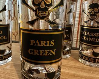 Set of EIGHT SUPERB Vintage MCM Briard Name Your Poison Highball Glasses ~  Skull Crossbones ~ PARIS GREEN