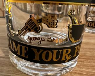 Set of EIGHT SUPERB Vintage MCM Briard Name Your Poison Highball Glasses ~  Skull Crossbones ~ SIGNED!