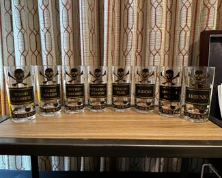 Set of EIGHT SUPERB Vintage MCM Briard Name Your Poison Highball Glasses ~  Skull Crossbones ~ 