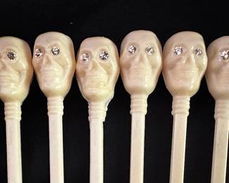A set of EIGHT FANTASTIC EPPY U.S.A. Skull and Bones Cocktail Stirrers! Diamond Eyes!