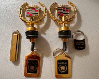 Fantastic collection of CADILLAC GOLD HOOD ORNAMENTS (MINT), Key Rings and Pocket Knife! 
