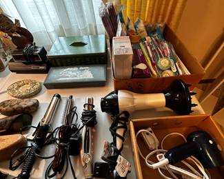 Table full of vintage goodies! Bathroom goodies too!