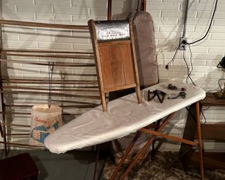 Around the basement! Shelving units, large and small - wooden ironing boards, washboards etc... AND MORE LAMPS!