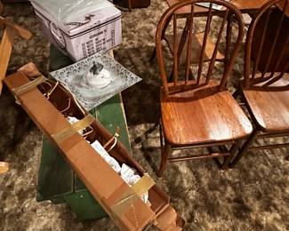 A great primitive bench with original green paint - 3 light fixtures, an antique table and two chairs! 