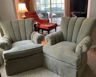 Fabulous Pair of Celadon Colored Velvet Club Chairs